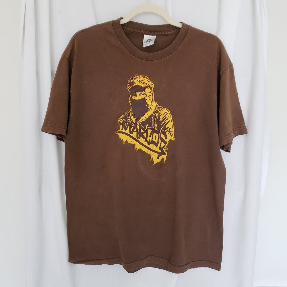 AAA Men Brown Worn Marcos Graffiti Design Short Sleeve T-Shirt Size L
